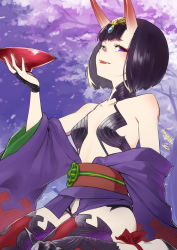 Rule 34 | 1girl, absurdres, ankle ribbon, bare shoulders, barefoot sandals (jewelry), bob cut, breasts, bridal gauntlets, cherry blossoms, collarbone, cup, eyeliner, fangs, fate/grand order, fate (series), headpiece, highres, horns, japanese clothes, kimono, leg ribbon, long sleeves, looking at viewer, makeup, obi, off shoulder, oni, parted lips, purple eyes, purple hair, purple kimono, red ribbon, revealing clothes, ribbon, sakazuki, sash, short hair, short kimono, shuten douji (fate), sitting, skin-covered horns, small breasts, smile, solo, thighs, tochi keisuke, tree, wariza, wide sleeves