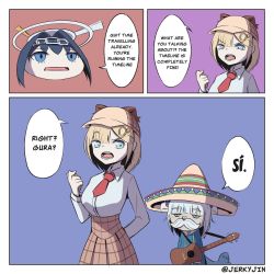 Rule 34 | 3girls, blonde hair, blue hair, comic, disembodied head, english text, facial hair, fish tail, gawr gura, guitar, hat, highres, hololive, hololive english, instrument, jerkyjin, kroniicopter, mexico, multiple girls, mustache, ouro kronii, shark girl, shark tail, sombrero, tail, virtual youtuber, watson amelia