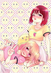 Rule 34 | 2girls, absurdres, arima kana, bike shorts under skirt, bob cut, commentary request, cropped shirt, dated, highres, hoshino ruby, inverted bob, lying, midriff, mismatched pupils, multiple girls, on back, one eye closed, oshi no ko, pieyon, pink eyes, pleated skirt, red eyes, red hair, skirt, star-shaped pupils, star (symbol), star in eye, sweatdrop, symbol-shaped pupils, symbol in eye, twitter username, v, white skirt, yurigera 8959