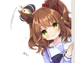 Rule 34 | 1girl, animal ears, black bow, blue shirt, blush, bow, brown hair, closed mouth, commentary request, crown, green eyes, hair between eyes, hair ornament, hair scrunchie, horse ears, leaning to the side, long sleeves, looking at viewer, mini crown, one side up, peeking out, puffy long sleeves, puffy sleeves, purinpurin, red scrunchie, school uniform, scrunchie, shirt, simple background, smile, solo, sparkle, tilted headwear, tracen school uniform, umamusume, white background