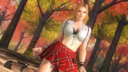 Rule 34 | 1girl, 3d, blonde hair, blue eyes, bra, breasts, dead or alive, dead or alive 5, female focus, forest, high heels, large breasts, nature, navel, official art, outdoors, plant, skirt, solo, suspenders, tecmo, tina armstrong, underwear