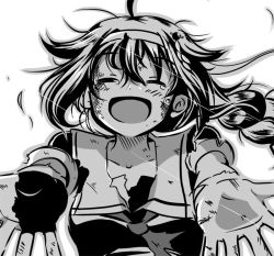 Rule 34 | 1girl, ahoge, braid, bruise, commentary request, closed eyes, fingerless gloves, foreshortening, gloves, greyscale, hair flaps, hair ornament, hairband, injury, kantai collection, monochrome, neckerchief, open mouth, outstretched arms, school uniform, serafuku, shigure (kancolle), shigure kai ni (kancolle), shino (ponjiyuusu), single glove, smile, solo, tearing up, torn clothes, upper body