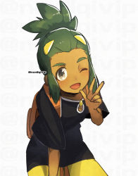 Rule 34 | 1boy, ;d, bad id, bad pixiv id, black shirt, blush, commentary request, creatures (company), dark-skinned male, dark skin, game freak, green hair, grey eyes, hand up, hau (pokemon), looking at viewer, male focus, nintendo, one eye closed, open mouth, pokemon, pokemon sm, shirt, short hair, short ponytail, short sleeves, shorts, smile, solo, tongue, w, yamanashi taiki, yellow shorts