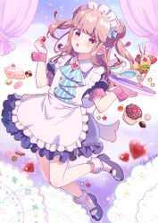 Rule 34 | 1boy, apron, black footwear, blue dress, blush, bobby socks, brown hair, cake, cake slice, chocolate, cookie, cup, cupcake, double bun, doughnut, dress, food, frilled apron, frilled dress, frills, fruit, full body, hair bun, highres, holding, holding food, holding fruit, holding tray, looking at viewer, maid, maid headdress, male focus, mary janes, open mouth, original, parfait, puffy short sleeves, puffy sleeves, rinkarinne, saucer, shoes, short sleeves, sidelocks, socks, solo, star (symbol), strawberry, teacup, trap, tray, white apron, white socks, wrist cuffs