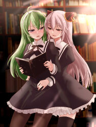 Rule 34 | 2girls, :q, ahoge, assault lily, behind another, black ribbon, black skirt, black thighhighs, blurry, blurry background, book, bookshelf, bow hairband, breasts, brown pantyhose, buttons, commentary, commission, cowboy shot, cropped jacket, endou araya, frilled skirt, frills, green hair, hair between eyes, hair ribbon, hairband, hairpods, half-closed eyes, hand on another&#039;s stomach, hand on another&#039;s waist, hands up, heads together, high-waist skirt, highres, holding, holding book, indoors, juliet sleeves, library, long hair, long sleeves, looking at another, looking to the side, lower teeth only, medium breasts, multiple girls, naughty face, neck ribbon, open book, pantyhose, parted lips, pink hair, puffy sleeves, purple eyes, red eyes, ribbon, school uniform, shirt, skeb commission, skirt, smile, standing, sunlight, sweatdrop, tanaka ichi, teeth, thighhighs, tongue, tongue out, urutsu sahari, v-shaped eyebrows, very long hair, white hairband, white ribbon, white shirt, yuri, yurigaoka girls academy school uniform, zettai ryouiki
