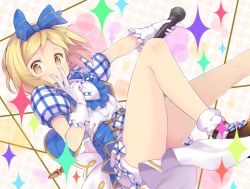 Rule 34 | 10s, 1girl, alternate costume, bare legs, blonde hair, blue bow, blue dress, blush, bow, brown footwear, corset, djeeta (granblue fantasy), dress, finger to mouth, gloves, granblue fantasy, hair bow, highres, holding, hototogisu (hot to gis), kimi to boku no mirai, legs up, looking at viewer, lying, microphone, on back, outstretched arm, outstretched leg, plaid, plaid dress, puffy short sleeves, puffy sleeves, shoes, short hair, short sleeves, sneakers, solo, sparkle, tareme, white gloves, yellow eyes