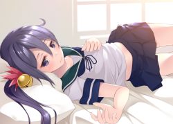 Rule 34 | 1girl, akebono (kancolle), bell, blue skirt, blush, closed mouth, collarbone, commentary request, flower, hair bell, hair between eyes, hair bobbles, hair flower, hair ornament, hand on own chest, indoors, jingle bell, kantai collection, long hair, looking at viewer, lying, mofu namako, on back, pillow, pleated skirt, purple eyes, purple hair, school uniform, serafuku, short sleeves, side ponytail, skirt, solo
