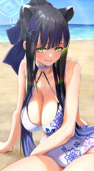 Rule 34 | 1girl, alternate costume, animal ear fluff, animal ears, beach, black hair, blue archive, blue halo, breasts, cleavage, extra ears, green eyes, halo, halterneck, highres, kaiso (kaisooekaki), large breasts, looking at viewer, o-ring, o-ring swimsuit, one-piece swimsuit, print swimsuit, shun (blue archive), sitting, solo, swimsuit, tiger ears, tiger girl, white one-piece swimsuit