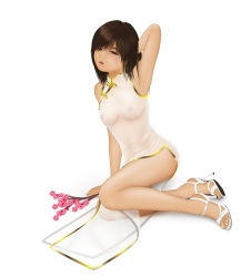 Rule 34 | 1girl, acerbi, adjusting hair, blush, breasts, brown eyes, brown hair, chinese clothes, female focus, flower, high heels, long hair, looking at viewer, nipples, open mouth, open shoes, see-through, see-through silhouette, sitting, solo, yokozuwari