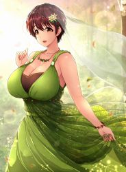 Rule 34 | 1girl, bare shoulders, bracelet, breasts, brown eyes, brown hair, cleavage, collarbone, commentary request, day, dress, falling leaves, flower, green dress, hair flower, hair ornament, hand up, highres, holding, holding clothes, holding skirt, huge breasts, idolmaster, idolmaster cinderella girls, jewelry, leaf, long skirt, necklace, oikawa shizuku, open mouth, outdoors, revision, see-through, short hair, skirt, solo, tree, umasan, veil