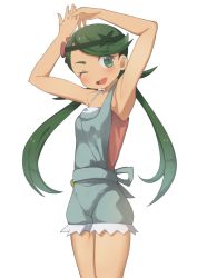 Rule 34 | 1girl, ;d, armpits, arms up, blush, creatures (company), flower, game freak, green eyes, green hair, hair flower, hair ornament, long hair, mallow (pokemon), matching hair/eyes, niizuka (c-drop), nintendo, one eye closed, open mouth, pokemon, pokemon sm, simple background, smile, solo, trial captain, twintails, white background