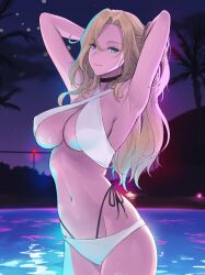 Rule 34 | 1girl, armpits, arms behind head, arms up, bikini, blonde hair, blue eyes, breasts, cleavage, collarbone, cowboy shot, highres, hornet (kancolle), kantai collection, large breasts, long hair, looking at viewer, navel, odachu, partially submerged, pool, seductive smile, smile, solo, stomach, swimsuit, white bikini