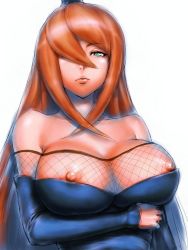 Rule 34 | 1girl, bare shoulders, breast hold, breasts, crossed arms, detached sleeves, fishnet top, fishnets, fumio (rsqkr), green eyes, hair over one eye, huge breasts, lips, long hair, looking at viewer, naruto (series), naruto shippuuden, nipple slip, nipples, orange hair, puffy nipples, red eyes, red hair, solo, swept bangs, terumi mei, upper body