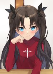 Rule 34 | 1girl, arm rest, arm support, black hair, black ribbon, blue eyes, blush, commentary, fate/stay night, fate (series), highres, looking at viewer, medium hair, red sweater, ribbon, smile, solo, sweater, table, tohsaka rin, turtleneck, turtleneck sweater, yuyuenimo