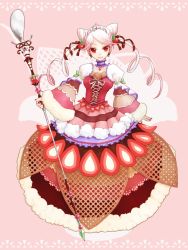 Rule 34 | 1girl, albino, bow, brown bow, cone hair bun, cross-laced clothes, detached collar, double bun, dress, drill hair, earrings, food-themed clothes, food-themed hair ornament, food-themed ornament, full body, hair bow, hair bun, hair ornament, highres, jewelry, juliet sleeves, layered dress, lolita fashion, long hair, long sleeves, looking at viewer, nail polish, original, parfait, personification, pink background, pocketland, puffy sleeves, red eyes, red nails, smile, solo, spoon, standing, strawberry hair ornament, strawberry parfait, tiara, tsuitachi, twin drills, white hair