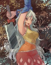 Rule 34 | 1girl, armpits, arms up, bow, breasts, bush, cleaver, commentary, cowboy shot, detached sleeves, dress, fangs, frills, highres, holding, holding weapon, large breasts, leaf, long hair, looking at viewer, messy hair, multicolored clothes, multicolored dress, open mouth, outdoors, pointy nose, pororikin, red bow, red eyes, sakata nemuno, smile, solo, touhou, weapon, white hair