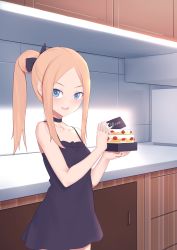 Rule 34 | 1girl, abigail williams (fate), bare shoulders, black dress, blonde hair, blue eyes, blush, breasts, cake, choker, collarbone, dress, fate/grand order, fate (series), food, forehead, highres, jilu, long hair, looking at viewer, open mouth, parted bangs, ponytail, sidelocks, small breasts, smile, solo