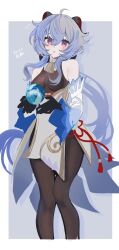 Rule 34 | 1girl, :o, ahoge, bell, black gloves, blue hair, blush, bodystocking, border, breasts, commentary request, detached sleeves, feet out of frame, ganyu (genshin impact), genshin impact, gloves, grey background, hair between eyes, highres, horns, looking at viewer, neck bell, notice lines, ojsn 00, parted lips, purple eyes, short hair with long locks, simple background, small breasts, solo, white border