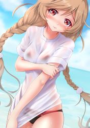 Rule 34 | 1girl, absurdres, bikini, black bikini, blue sky, braid, breasts, brown eyes, cleavage, cloud, cloud hair ornament, collarbone, cowboy shot, day, dutch angle, highres, kantai collection, light brown hair, long hair, looking at viewer, makura (y makura), medium breasts, minegumo (kancolle), multicolored bikini, multicolored clothes, navel, outdoors, see-through, shirt, sky, solo, swimsuit, twin braids, wet, wet clothes, white shirt