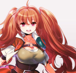 Rule 34 | 1girl, ahoge, armor, belt, breasts, cleavage, corset, eiyuu densetsu, estelle bright, jacket, large breasts, long hair, looking at viewer, naso4, open clothes, open jacket, pauldrons, red eyes, red hair, scrunchie, short sleeves, shoulder armor, smile, solo, sora no kiseki, twintails
