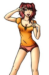 Rule 34 | 1girl, atlus, breasts, brown eyes, cleavage, dengeki matsuko, highres, kujikawa rise, medium breasts, one eye closed, open mouth, persona, persona 4, pink hair, short shorts, short twintails, shorts, technician67, twintails, wink