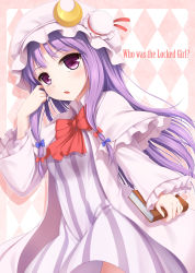 Rule 34 | 1girl, argyle, argyle background, argyle clothes, blush, book, bow, bowtie, crescent, dress, english text, hair bow, hat, highres, holding, holding book, long hair, mob cap, open mouth, patchouli knowledge, purple eyes, purple hair, solo, striped clothes, striped dress, tokugawa landine, touhou