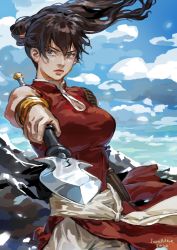 Rule 34 | 1girl, artist name, balsa, black hair, blue sky, bracelet, bracer, breasts, day, highres, holding, holding spear, holding weapon, jane mere, jewelry, long hair, looking at viewer, medium breasts, outdoors, pointing weapon, polearm, ponytail, seirei no moribito, sky, spear, standing, weapon, wind