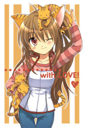 Rule 34 | 1girl, ;), animal ears, brown hair, cat, cat ears, cat tail, english text, heart, izumi rei, kemonomimi mode, little busters!, long hair, natsume rin, one eye closed, red eyes, smile, solo, striped, striped background, tail