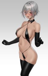 Rule 34 | 1girl, :d, absurdres, bare shoulders, bikini, black bikini, black gloves, black thighhighs, breasts, collarbone, covered erect nipples, criss-cross halter, elbow gloves, gloves, gradient background, grey background, grey hair, halterneck, highleg, highleg bikini, highres, large breasts, looking at viewer, navel, open mouth, original, red eyes, short hair, smile, solo, standing, stomach, string bikini, swimsuit, thighhighs, wing collar, yamanokami eaka