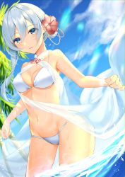 Rule 34 | 1girl, absurdres, bikini, blue sky, cloud, cloudy sky, flower, hair flower, hair ornament, highres, kasumillust, long hair, looking at viewer, navel, open mouth, outdoors, red flower, see-through, sinoalice, sky, snow white (sinoalice), solo, swimsuit, water, white bikini, white eyes, white hair