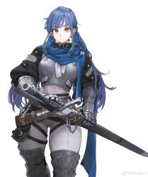Rule 34 | 1girl, absurdres, armor, armored boots, armored gloves, blue hair, blue scarf, bodysuit, boots, breastplate, breasts, cowboy shot, earrings, gluteal fold, greaves, highres, holding, holding sheath, holding sword, holding weapon, hoop earrings, jewelry, jun (navigavi), large breasts, long bangs, long hair, looking at viewer, low twintails, original, pants, scarf, sheath, sheathed, skindentation, solo, standing, sword, thick thighs, thigh strap, thighs, tight clothes, tight pants, twintails, unsheathing, weapon, weibo logo, weibo watermark, white background, white bodysuit, yellow eyes