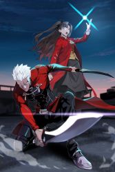 Rule 34 | 1boy, 1girl, absurdres, archer (fate), blue eyes, brown hair, bum hico, closed mouth, coat, dual wielding, fate/stay night, fate (series), hair ribbon, highres, holding, holding weapon, long hair, long sleeves, on one knee, open mouth, outdoors, red coat, ribbon, skirt, sky, spiked hair, standing, tohsaka rin, two side up, weapon, white hair, yellow eyes