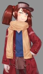 Rule 34 | 10s, 1girl, absurdres, bad id, bad pixiv id, black eyes, coat, fang, hair bobbles, hair ornament, half-closed eye, hand on own hip, highres, kantai collection, mittens, pantyhose, poniko kasiwagi, red hair, ryuujou (kancolle), scarf, shiny skin, skirt, smile, solo, striped clothes, striped scarf, sweater, twintails, uneven eyes, visor cap