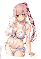 Rule 34 | 1girl, bikini, blush, breasts, cleavage, closed mouth, cropped legs, ebifurya, front-tie top, groin, hair between eyes, hair ribbon, hand up, highres, kantai collection, large breasts, long hair, looking at viewer, medium breasts, navel, one-hour drawing challenge, pink hair, ponytail, ribbon, side-tie bikini bottom, simple background, smile, solo, sparkle, swimsuit, twitter username, very long hair, white background, white bikini, yellow eyes, yura (kancolle)