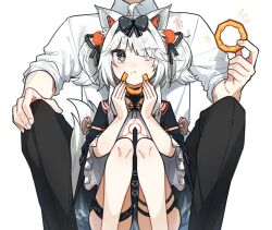 Rule 34 | 1boy, 1girl, ahoge, animal ears, asymmetrical bangs, black bow, black pants, bow, chinese clothes, collared shirt, commandant (punishing: gray raven), eating, food, food on face, food request, grey eyes, grey hair, hair ornament, hair over one eye, highres, holding, holding food, mechanical ears, myam (123ab456c), no.21: feral scent (punishing: gray raven), no.21 (punishing: gray raven), official alternate costume, official alternate hairstyle, orange pom poms, pants, pom pom (clothes), pom pom hair ornament, punishing: gray raven, shirt, sidelocks, thighlet, twintails, white background, white shirt, wide sleeves, wolf ears