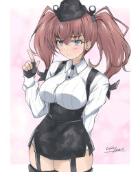 Rule 34 | 1girl, anchor hair ornament, atlanta (kancolle), black hat, black skirt, bra visible through clothes, breasts, brown hair, cowboy shot, dress shirt, earrings, gakky, garrison cap, garter straps, gloves, grey eyes, hair ornament, hat, high-waist skirt, jewelry, kantai collection, large breasts, long hair, long sleeves, looking at viewer, partially fingerless gloves, pink background, shirt, single earring, skirt, solo, star (symbol), star earrings, suspender skirt, suspenders, two side up, white background, white gloves, white shirt