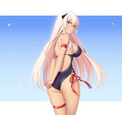 Rule 34 | 1girl, arm strap, arms behind back, ass, blonde hair, blush, closed mouth, competition swimsuit, from behind, g3 (girls&#039; frontline), girls&#039; frontline, hair between eyes, headgear, light smile, long hair, looking at viewer, looking back, one-piece swimsuit, philomelalilium, purple eyes, red ribbon, ribbon, smile, solo, swimsuit, tan, tanline, thigh strap, thighs, very long hair