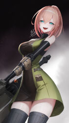 Rule 34 | 1girl, :d, absurdres, aqua eyes, bare shoulders, black background, breasts, crazy eyes, daiba canon, dress, elbow gloves, gloves, glowing, glowing eyes, god eater, green dress, grey background, half-closed eyes, highres, holding, holding weapon, ikasamahideo, large breasts, looking at viewer, open mouth, pink hair, short hair, signature, smile, solo, teeth, thighhighs, two-tone background, upper teeth only, weapon
