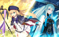 Rule 34 | 2girls, absurdres, artoria caster (fate), artoria caster (second ascension) (fate), artoria pendragon (fate), belt, black bow, black dress, blue belt, blue cape, blue capelet, blue eyes, blue headwear, bow, braid, cape, capelet, center opening, clothing cutout, dress, fate/grand order, fate (series), french braid, highres, holding, holding staff, igote, light green hair, looking at viewer, mishiro (ixtlolton), morgan le fay (fate), morgan le fay (queen of winter) (fate), multicolored cape, multicolored capelet, multicolored clothes, multiple girls, o-ring, o-ring belt, staff, stomach cutout, striped belt, two-tone dress
