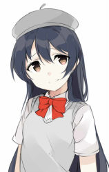 Rule 34 | 1girl, bad id, bad pixiv id, beret, blue hair, bow, bowtie, closed mouth, commentary request, grey vest, hair between eyes, hat, long hair, looking at viewer, love live!, love live! school idol project, red bow, red bowtie, short sleeves, simple background, smile, solo, sonoda umi, standing, totoki86, upper body, vest, white background, yellow eyes