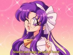 Rule 34 | 1990s (style), 1girl, asakura rikako, bow, bowtie, bubble background, english text, facing viewer, fake screenshot, film grain, glasses, gradient background, hair ribbon, hairband, index finger raised, lab coat, liar, lies, littlecloudie, long hair, looking at viewer, matching hair/eyes, pink background, purple eyes, purple hair, purple shirt, retro artstyle, ribbon, round eyewear, shirt, skirt, smile, solo, sparkle, subtitled, touhou, touhou (pc-98), upper body, white bow, yellow bow, yellow bowtie