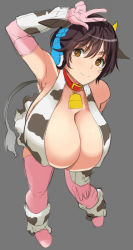 Rule 34 | 1girl, animal ears, animal print, bare shoulders, bell, breasts, brown eyes, cleavage, collar, covered erect nipples, cow ears, cow print, cow tail, cowbell, elbow gloves, female focus, gigantic breasts, gloves, hanging breasts, headset, highres, horns, idolmaster, kloah, leaning forward, oikawa shizuku, purple hair, short hair, smile, solo, tail, v
