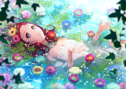 Rule 34 | 1girl, afloat, bare shoulders, blurry, breasts, camellia, carnation, cleavage, closed mouth, collarbone, daisy, depth of field, detached sleeves, dress, eyelashes, floating, flower, galibo, hair flower, hair ornament, leaf, looking away, looking to the side, lying, on back, open hands, original, partially submerged, precure, purple eyes, red hair, ripples, short hair, small breasts, smile, solo, sparkle, strapless, strapless dress, sunlight, upper body, water, water drop, wet, white dress