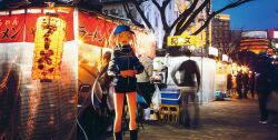 Rule 34 | 1girl, artoria pendragon (fate), baseball cap, blonde hair, blue jacket, blue scarf, bunbun, closed eyes, fate/grand order, fate (series), food stand, fukuoka prefecture, hands on own stomach, hat, highres, jacket, lantern, long hair, mysterious heroine x (fate), official art, open mouth, outdoors, paper lantern, photo background, ponytail, scarf, shorts, sky, smile, standing, track jacket, tree