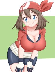 Rule 34 | bandana, bike shorts, blue eyes, breasts, brown hair, cleavage, creatures (company), game freak, highres, kiteman442, large breasts, leaning forward, looking at viewer, may (pokemon), nintendo, pokemon, pokemon rse, sidelocks, simple background, smile, solo, thick thighs, thighs, wide hips