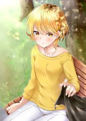 1girl bench blonde_hair blue_eyes blurry blurry_background brown_eyes closed_mouth collarbone commentary_request day depth_of_field ear_piercing earrings hair_between_eyes highres jewelry long_sleeves looking_at_viewer mashiro_aa necklace on_bench original outdoors pants park_bench partial_commentary piercing revision shade shirt short_hair sitting solo tree tree_shade white_pants yellow_shirt