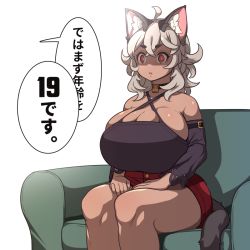 Rule 34 | 1girl, animal ears, belt, breasts, cat ears, cat girl, cat tail, cleavage, collar, couch, dark-skinned female, dark skin, female focus, grey hair, huge breasts, indie virtual youtuber, japanese text, lock, open mouth, red eyes, shirt, shorts, sitting, solo, tail, thick thighs, thighs, tight clothes, tight shirt, translation request, virtual youtuber, wave hair, white background, wide hips, yana (nekoarashi), yana (vtuber)