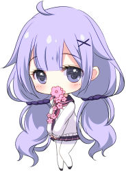 Rule 34 | 1girl, ahoge, azur lane, blush, cardigan, cherry blossoms, chibi, commentary request, flower in mouth, full body, hair ornament, hair scrunchie, long hair, long sleeves, looking at viewer, low twintails, neckerchief, pantyhose, pink neckerchief, pleated skirt, purple eyes, purple hair, purple sailor collar, purple scrunchie, purple skirt, sailor collar, school uniform, scrunchie, sidelocks, simple background, skirt, solo, standing, sukireto, twintails, unicorn (long-awaited date) (azur lane), unicorn (azur lane), very long hair, white background, white cardigan, white pantyhose, x hair ornament