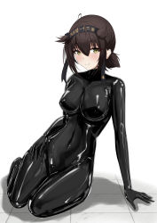 Rule 34 | 1girl, absurdres, arm support, bodysuit, breasts, brown hair, hachimaki, hand on own hip, hatsuzuki (kancolle), headband, highres, kantai collection, kneeling, large breasts, looking at viewer, medium breasts, rubber suit, shiny clothes, short hair, skin tight, smile, solo, tight clothes, trashycontents (artist), yellow eyes