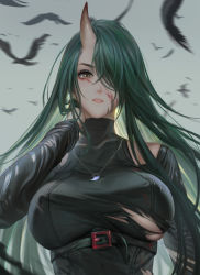 Rule 34 | 1girl, absurdres, arknights, bird, black shirt, blood, blood on face, blouse, breasts, brown eyes, buckle, detached sleeves, dirty, dirty face, green hair, hair over one eye, highres, horns, hoshiguma (arknights), hoshiguma (ronin huntress) (arknights), jewelry, jiam009, large breasts, long hair, long sleeves, magatama, magatama necklace, motion blur, necklace, official alternate costume, parted lips, pink lips, shirt, single horn, skin tight, smile, solo, torn clothes, underboob, underbust, upper body, very long hair